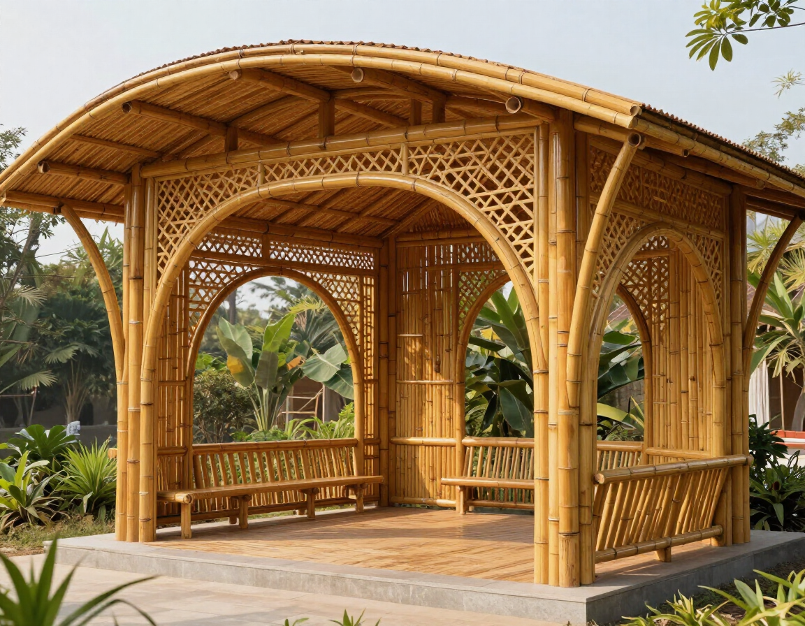 Cenador de bambú con paredes de celosía tejida y bancos en un jardín tropical, rodeado de palmeras y vegetación.