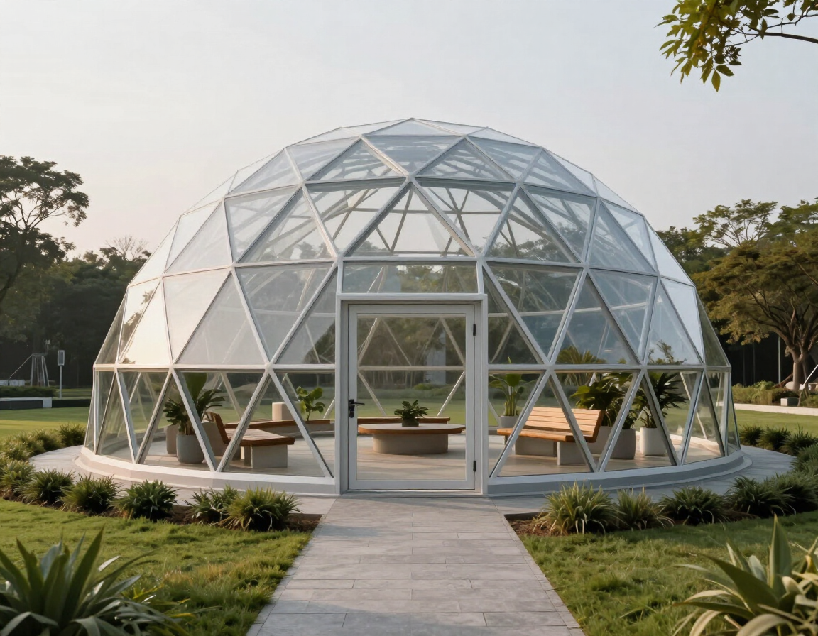 Pabellón con cúpula de cristal geométrica en un parque ajardinado con un paseo central.