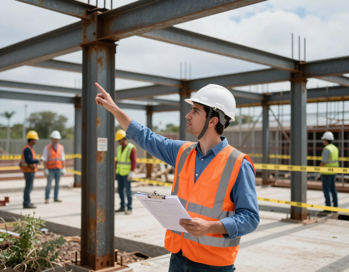 Un obrero de la construcción, con chaleco naranja y casco, señala una estructura de acero en una obra.
