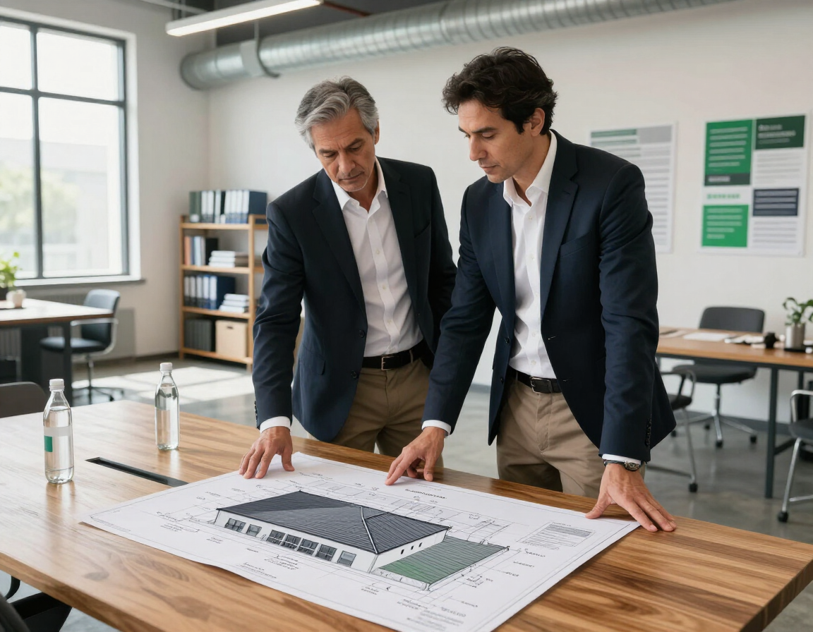 Dos hombres de traje revisan un gran plano arquitectónico sobre una mesa de madera en una oficina luminosa.