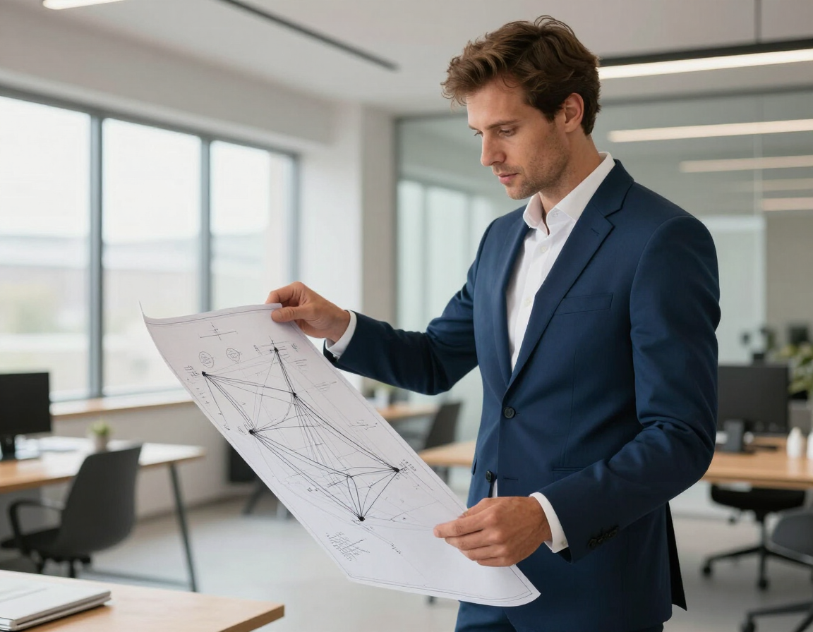 Hombre con traje azul revisando un gran plano arquitectónico en una oficina luminosa.