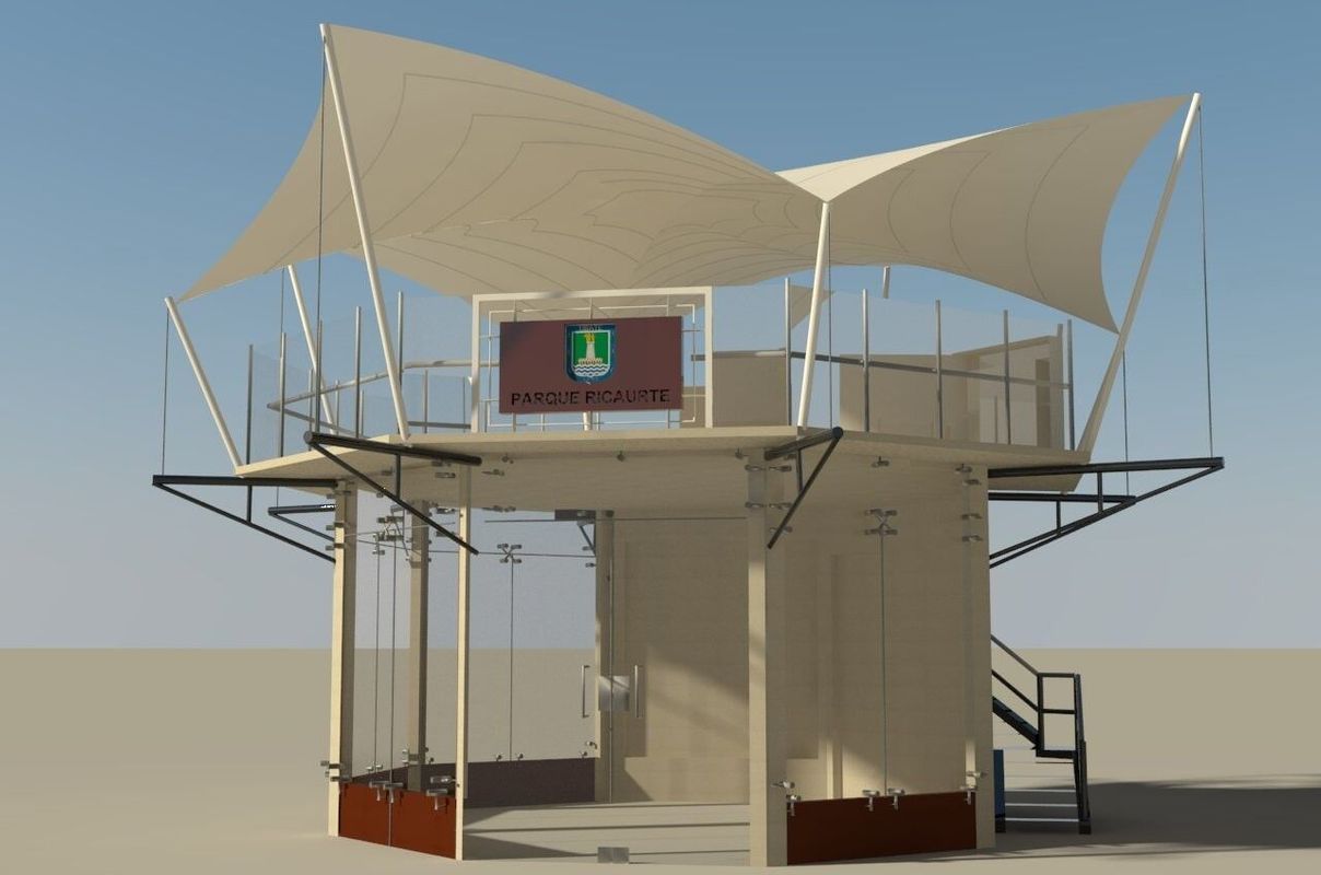 Quiosco exterior con techo de toldo blanco, pantalla central y barandillas perimetrales sobre una plataforma.