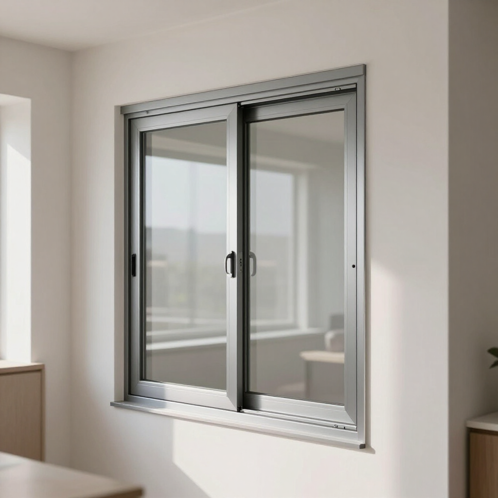 Una ventana corredera de aluminio gris instalada en una pared interior de color claro.
