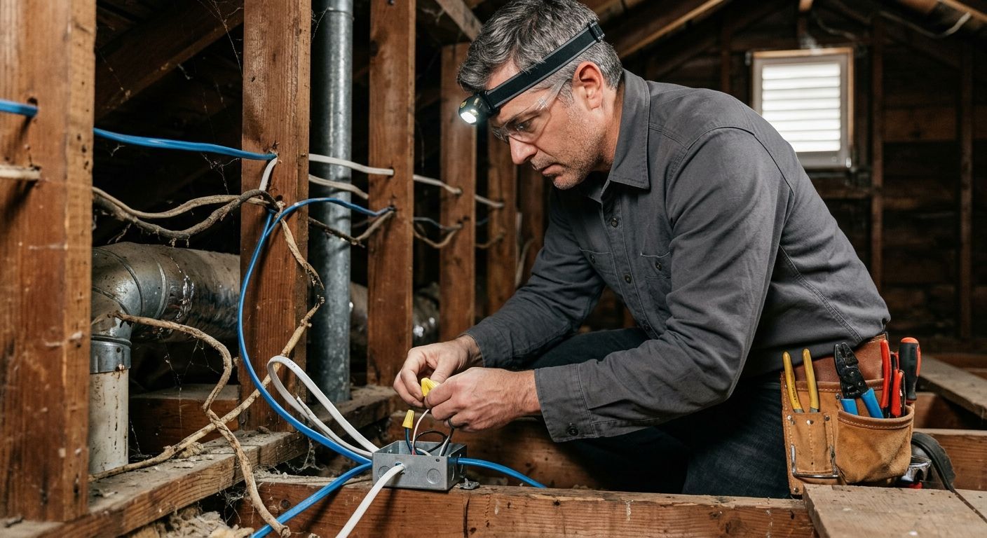 Electrician wiring cables in a wooden attic, wearing a headlamp and working with tools.
