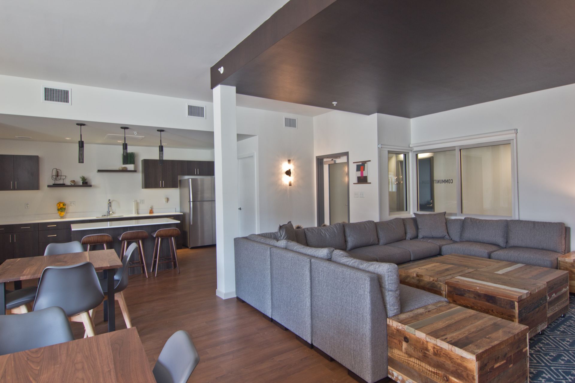 Large living room with open kitchen