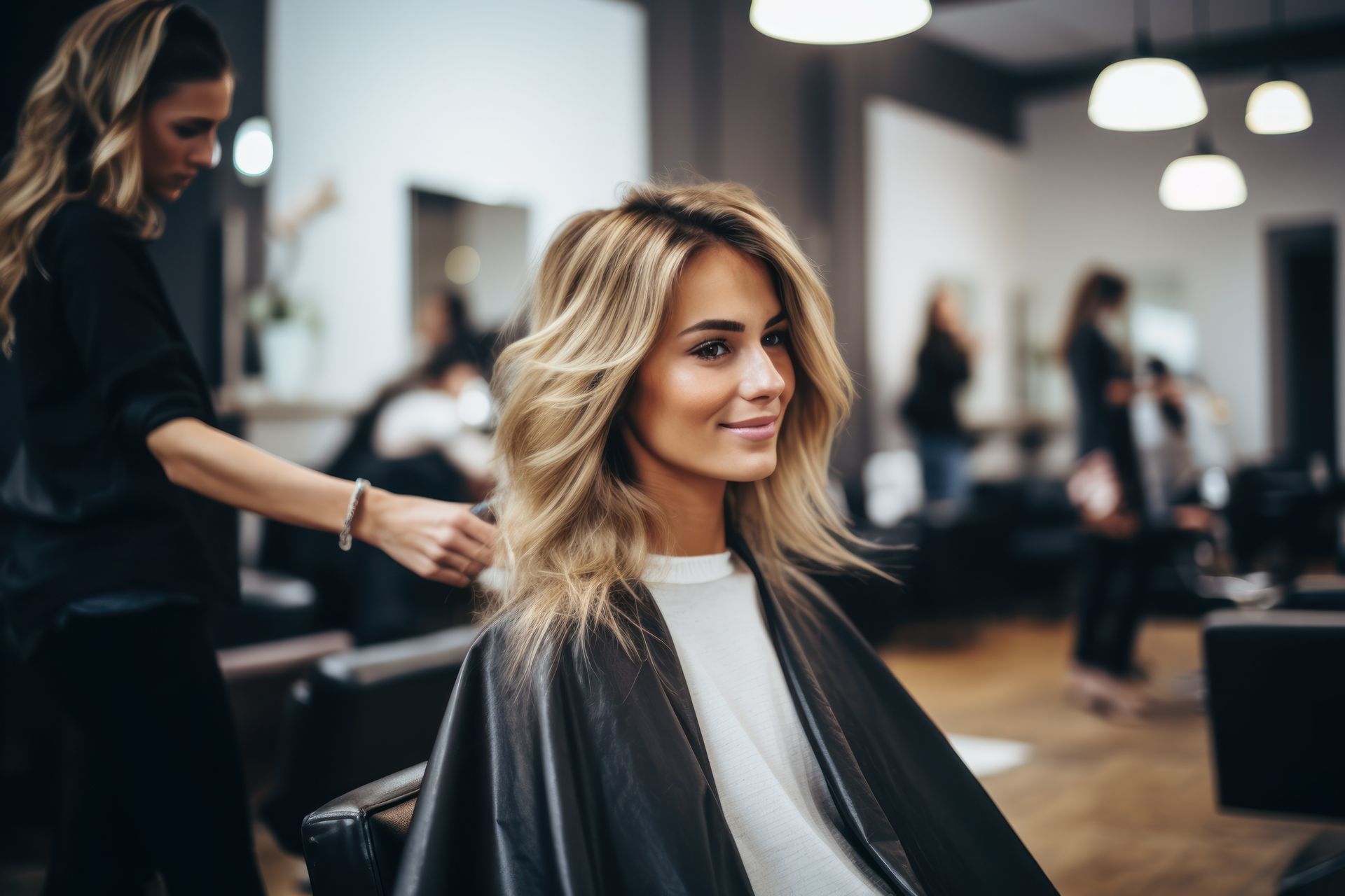 Eine Frau lässt sich in einem Friseursalon die Haare schneiden.