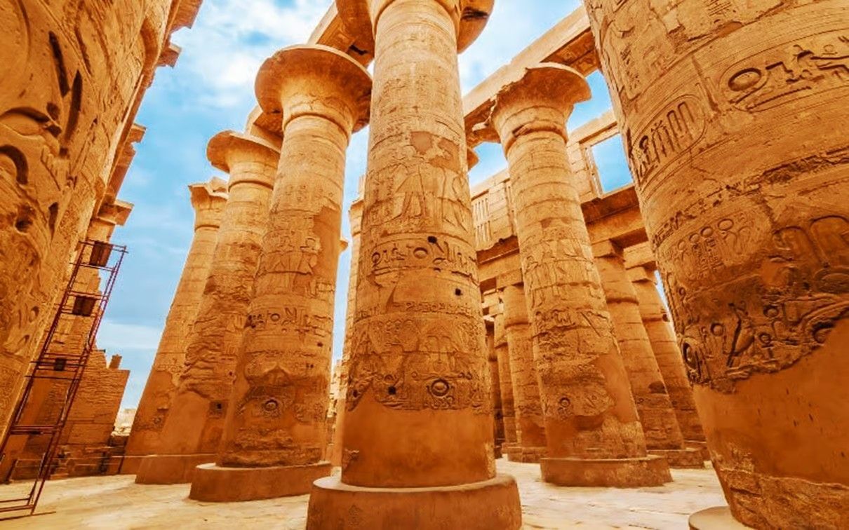 Dendera Temple in Egypt with ancient columns, colorful reliefs and detailed hieroglyphic decorations
