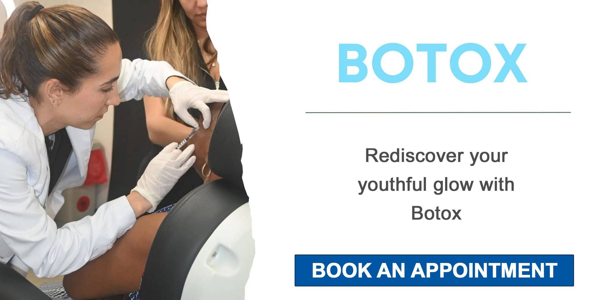 A medical professional injecting Botox into a patient's face, advertisement for a treatment.