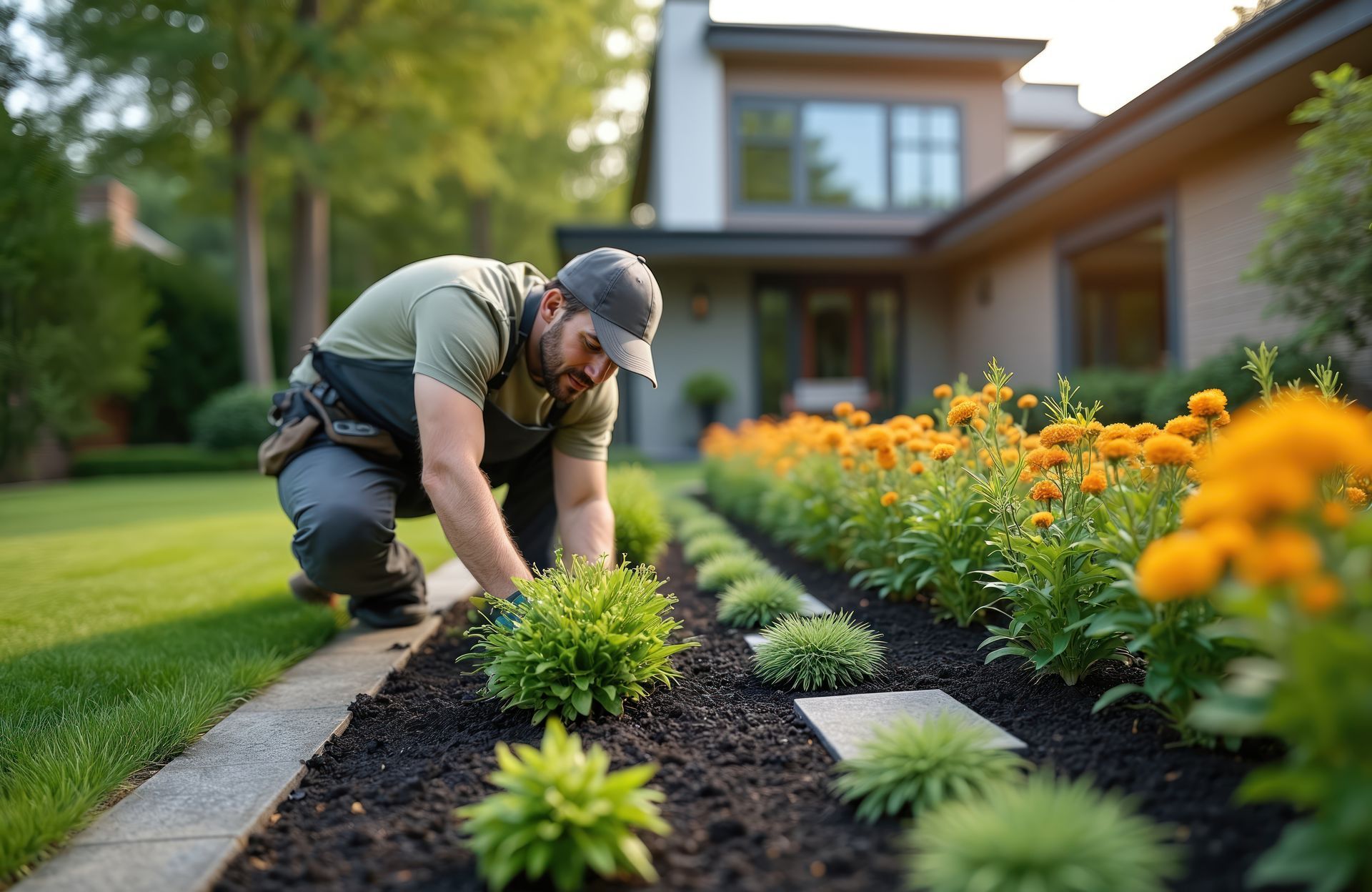 Landscaper planting shrubs in a mulched bed with marigolds by a modern home. Landscaper planting shrubs in a mulched bed with marigolds by a modern home.