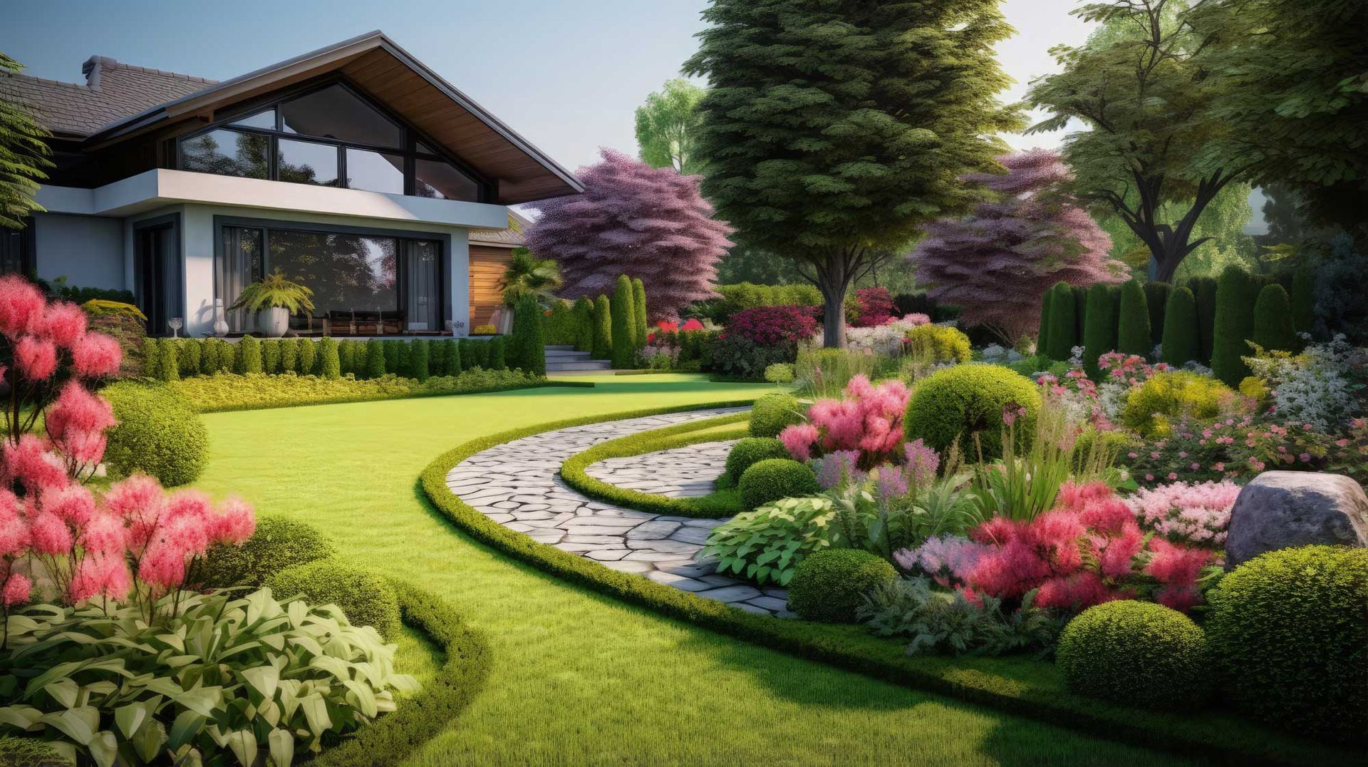 Beautiful garden showcasing professional landscape design services with a stone path & lush plants. Beautiful garden showcasing professional landscape design services with a stone path & lush plants.