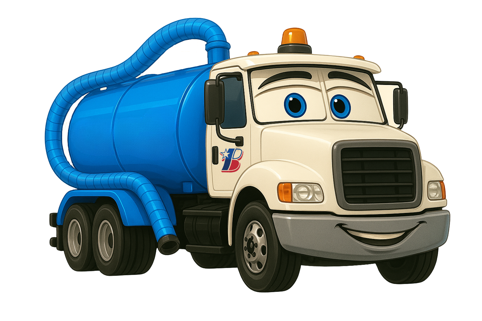 Cartoon blue-and-white tanker truck with a smiling face and orange beacon light