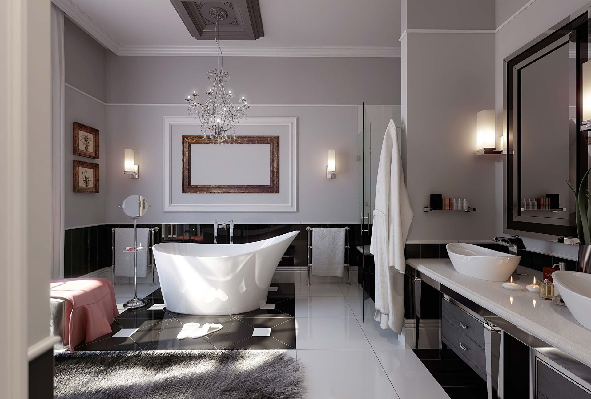 Elegant bathroom with a free-standing white tub, chandelier, grey walls, and black and white accents.