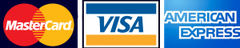 Logos for Mastercard, Visa, and American Express credit cards.