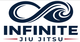 Infinite Jiu Jitsu logo in navy blue with stylized infinity symbol and red accent lines
