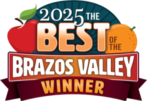 2025 Best of Brazos Valley winner badge with red apples, orange and maroon banner