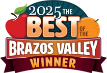 2025 Best of Brazos Valley winner badge with red apples, orange and maroon banner