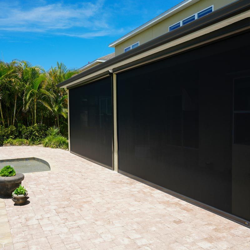 Modern house patio with dark exterior walls, light stone pavers, and tropical plants under a bright blue sky