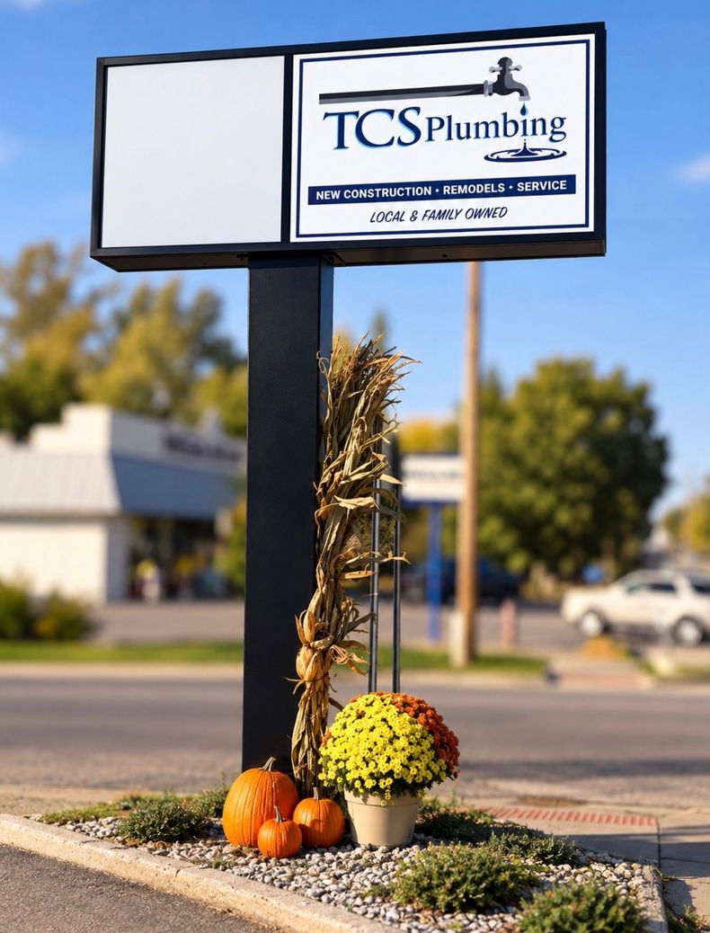 TCS Plumbing roadside sign with fall pumpkins and flowers at the base