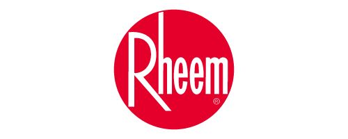 Rheem logo in white text on a red circular background
