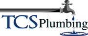 TCS Plumbing logo with blue faucet dripping water over black and blue text