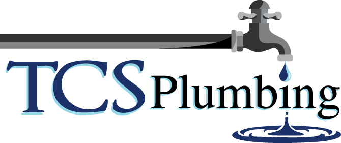 TCS Plumbing logo with blue faucet dripping water over black and blue text