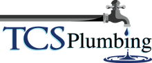 TCS Plumbing logo with blue faucet dripping water over black and blue text