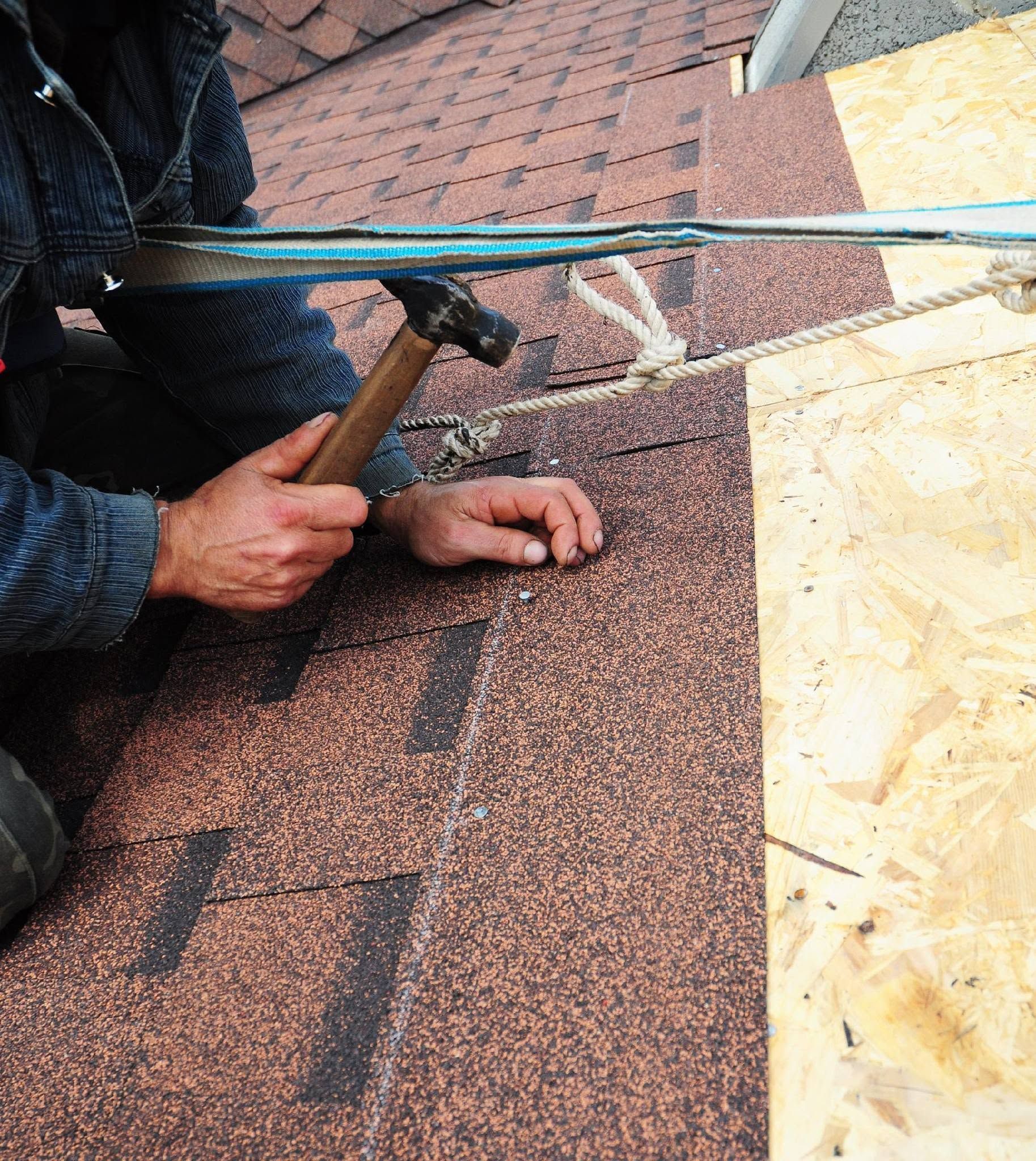 Worker nailing brown roof shingles next to plywood roofing underlayment
