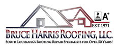 Bruce Harris Roofing, LLC logo with roofline and house outlines in gray and red