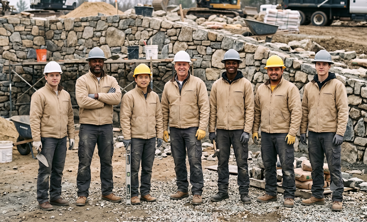 Workers stacking interlocking retaining wall blocks along property edge