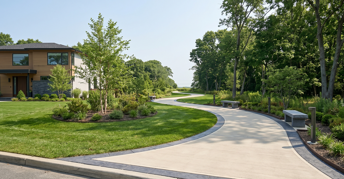 Concrete patio resurfacing with smooth decorative finish near outdoor seating area
