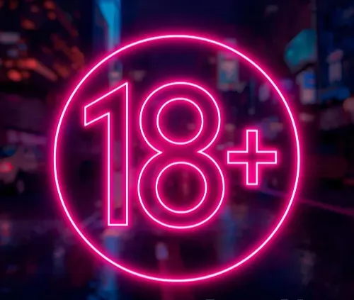Neon pink 18+ sign glowing inside a circle against a blurred dark city background.