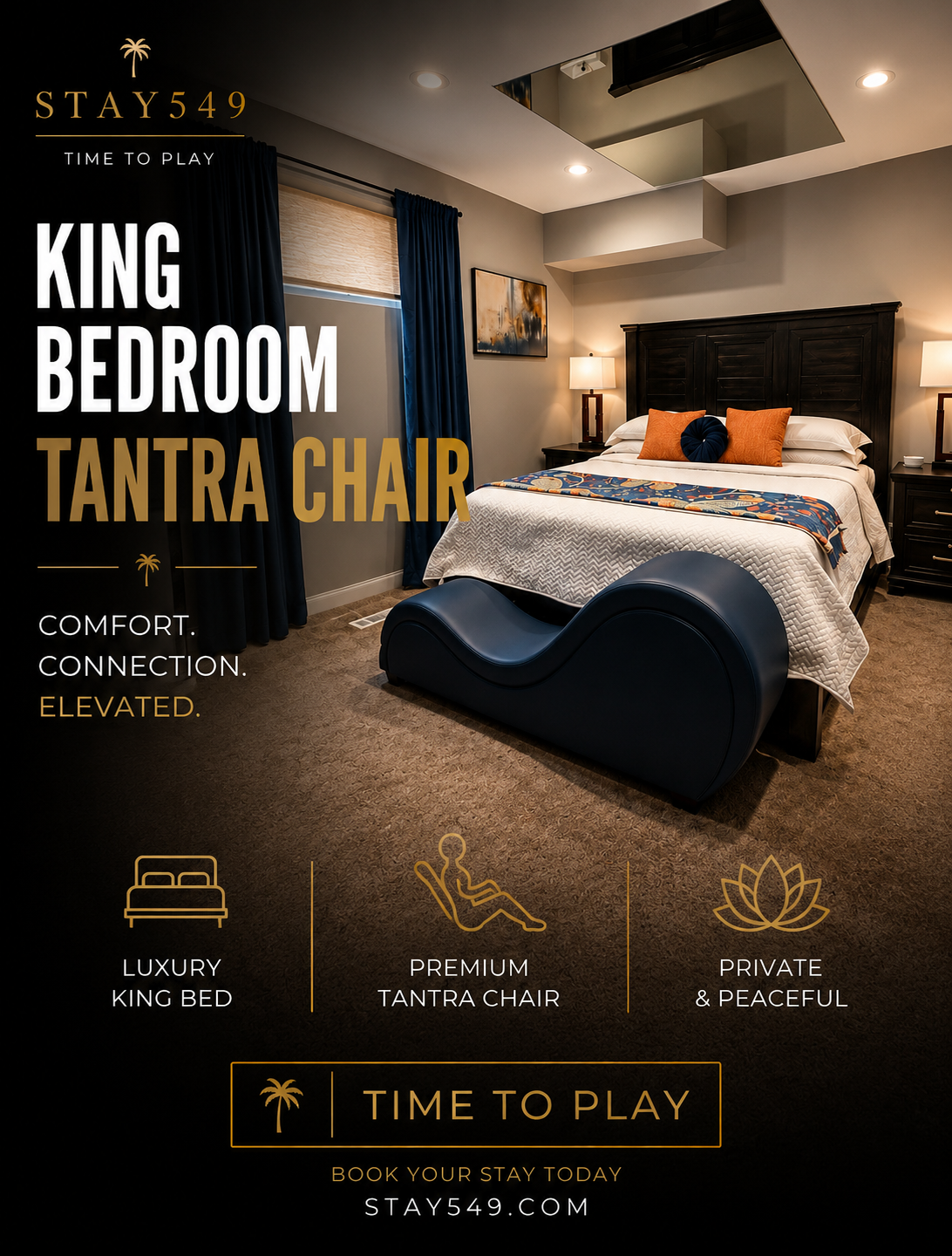 Modern bedroom with dark wood bed, mirrored ceiling panel, beige carpet, and black dresser and shelving unit