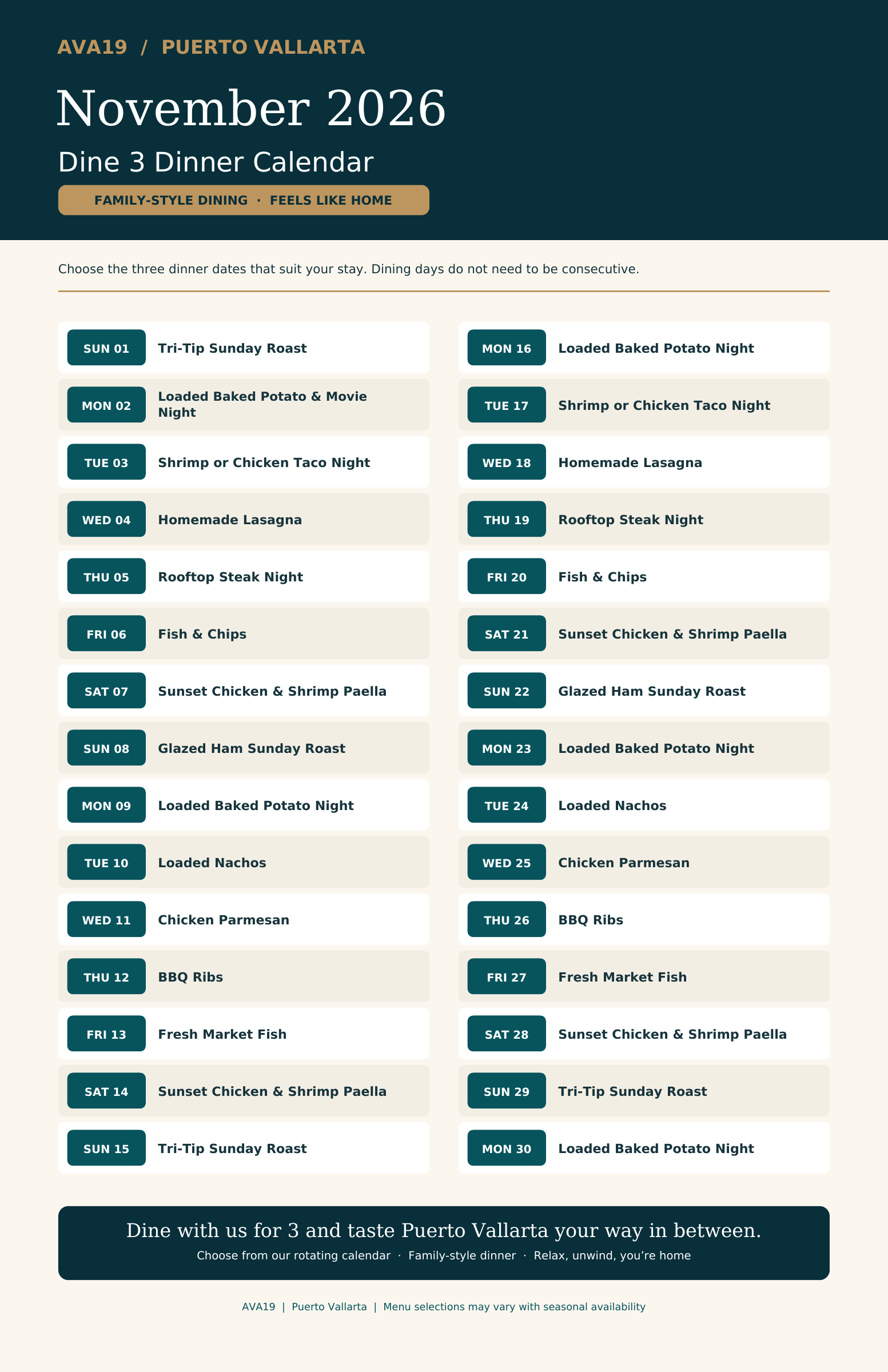 AVA19 Dine 3 dining calendar for November 2026