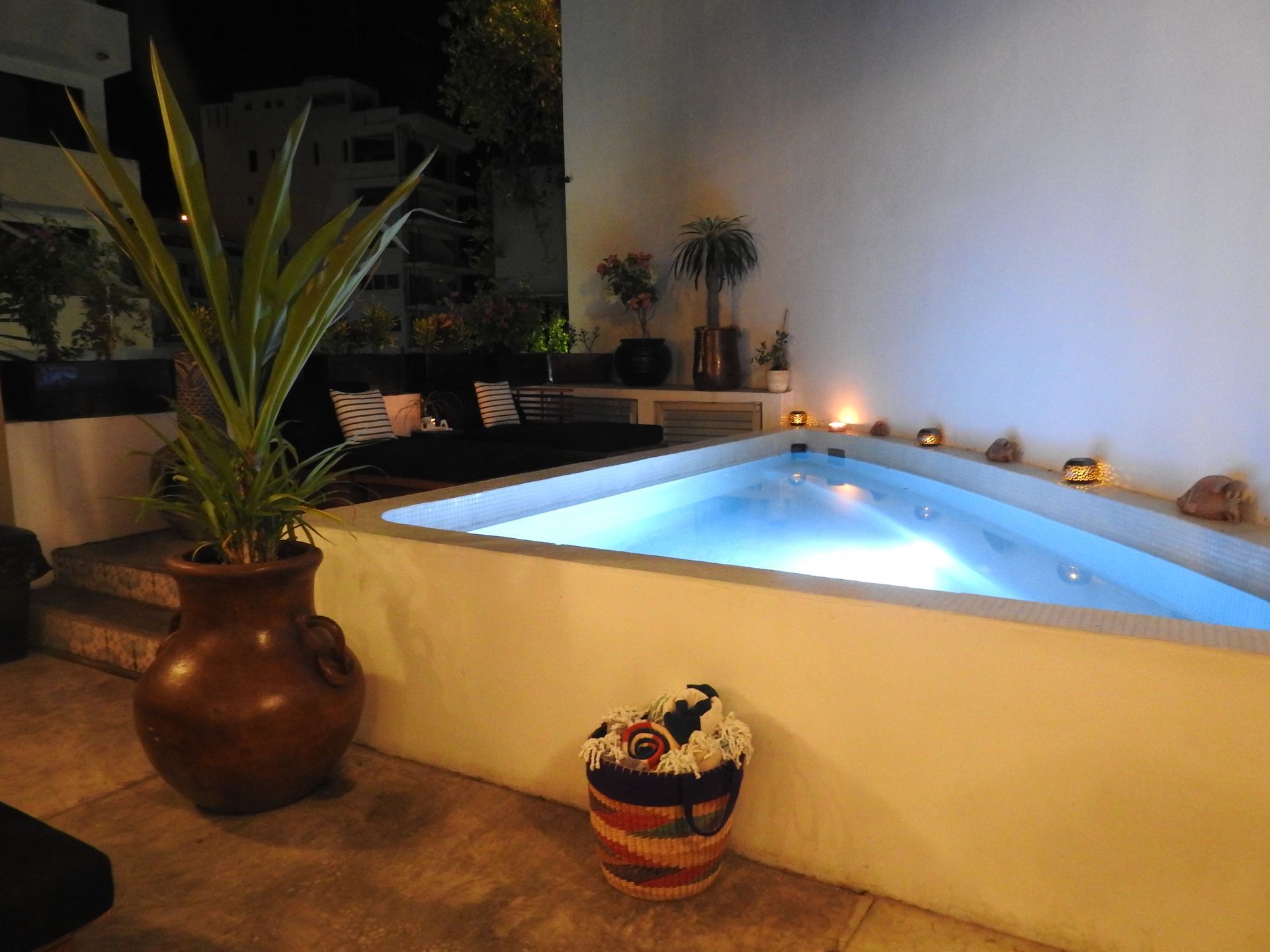 Illuminated patio pool and tropical plants at AVA19 in Puerto Vallarta