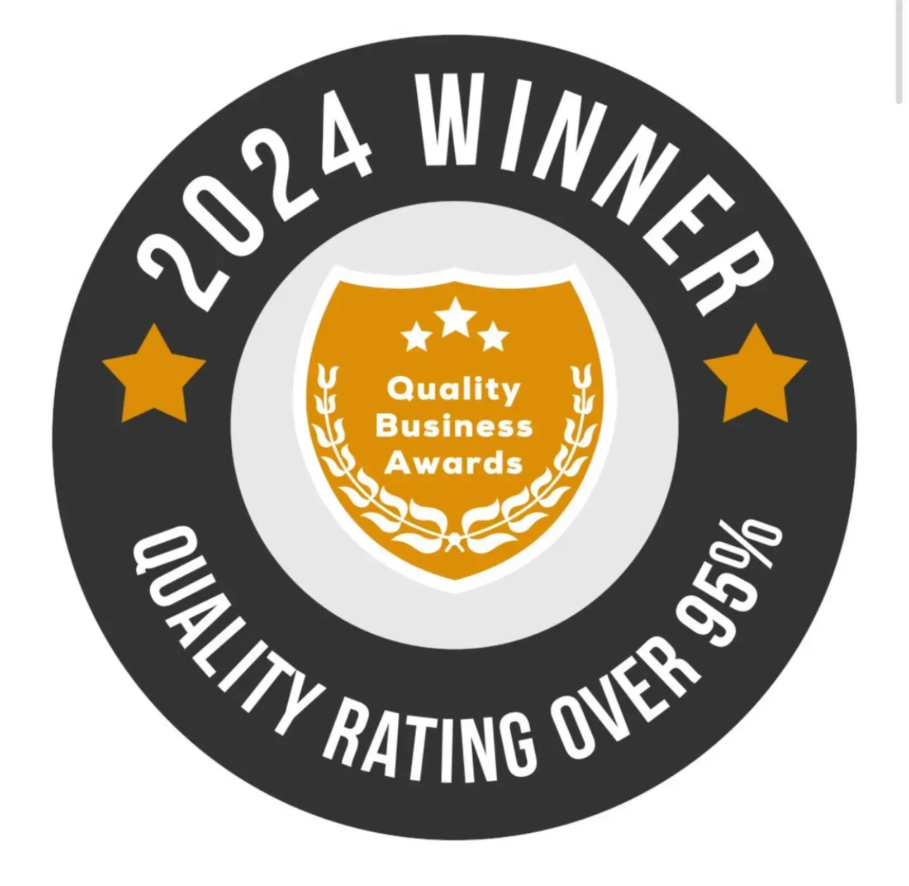 2024 Winner Quality Business Awards badge, black and gold, “Quality Rating Over 95%”