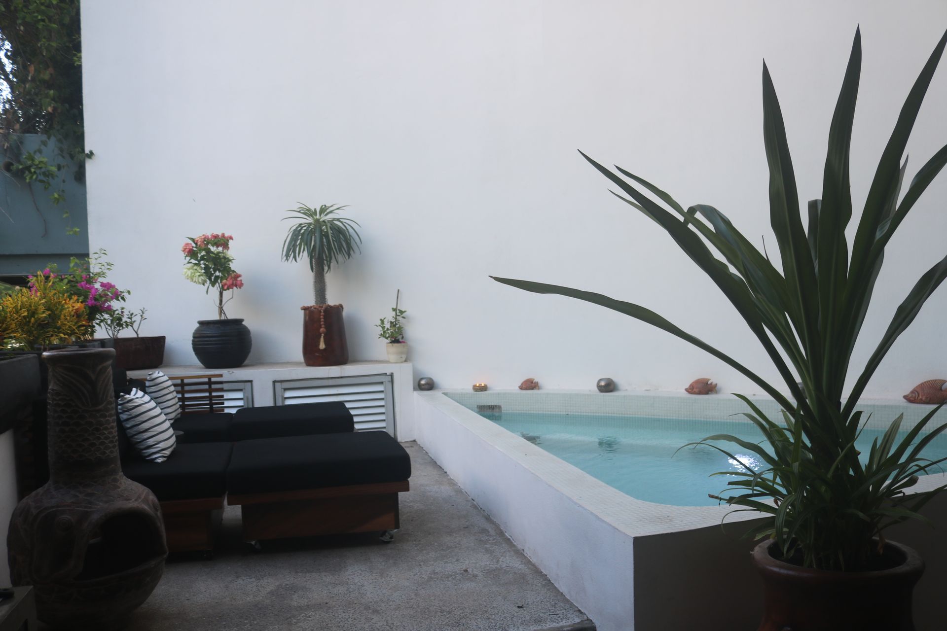 Covered patio and decorative wood panel at AVA19 in Puerto Vallarta