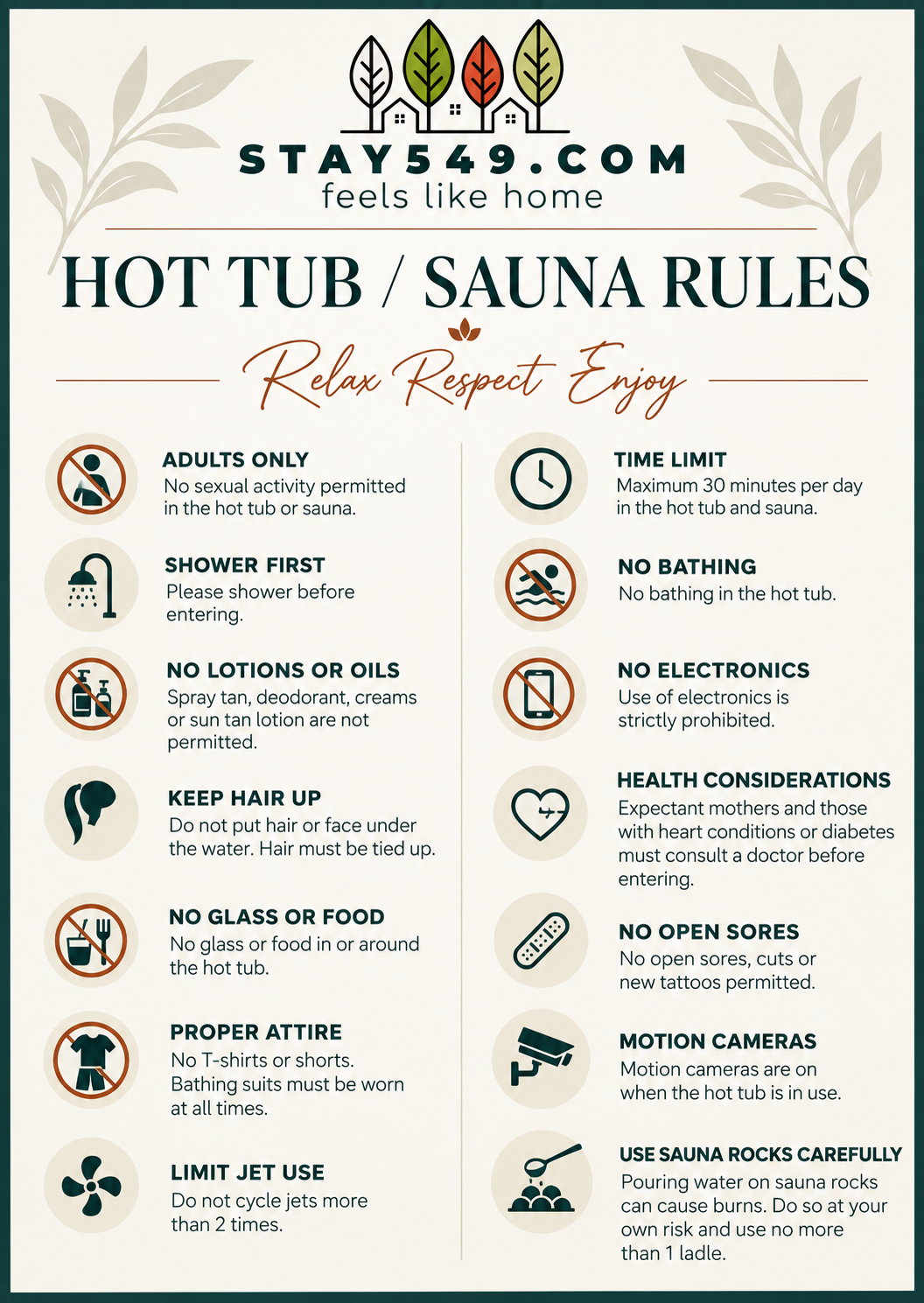 Stay549 hot tub and sauna rules: relax, respect and enjoy