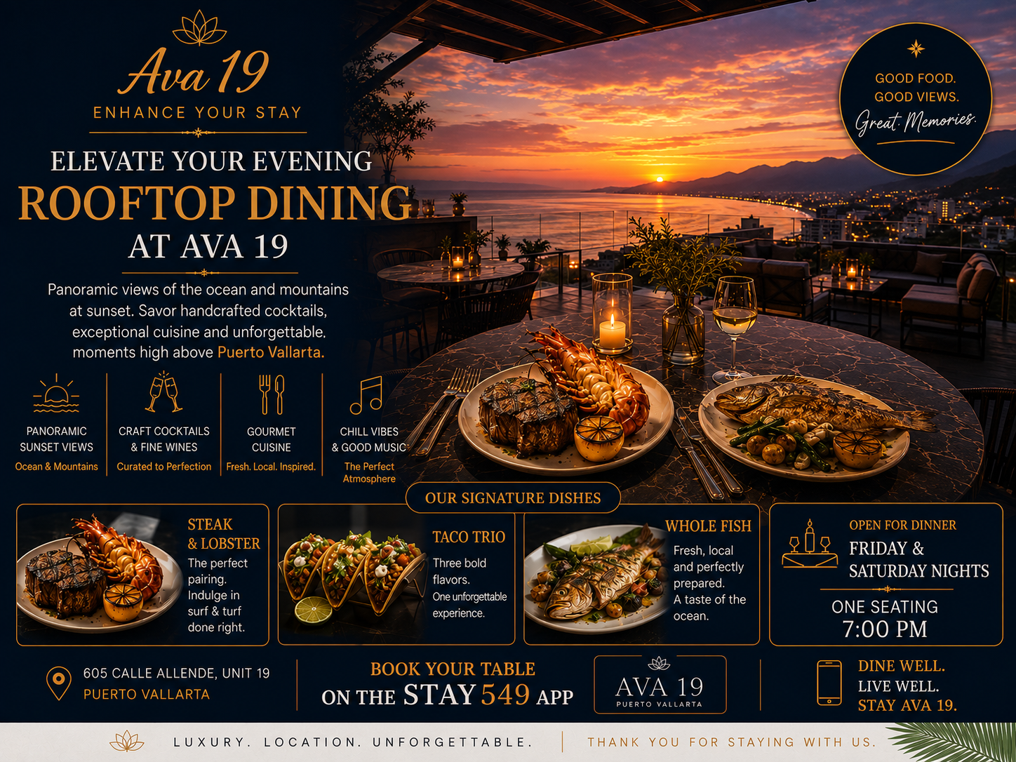 Sunset rooftop dining information at AVA19 in Puerto Vallarta