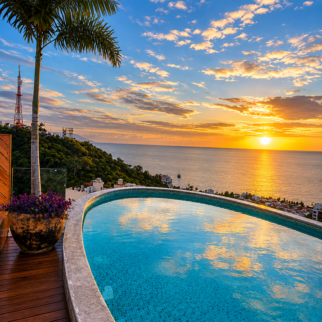 People relaxing in a blue pool at a tropical resort with “Come to Play” text and palm trees.