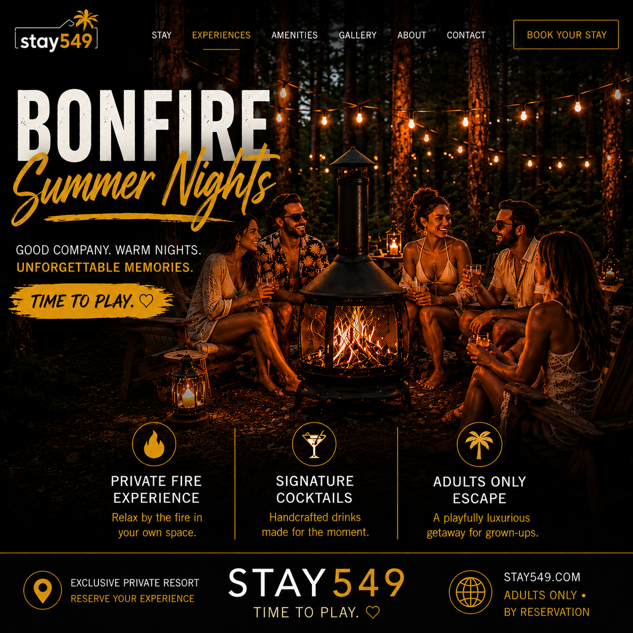 Bonfire Summer Nights stay549 promo with two people by a fire under string lights in a forest setting