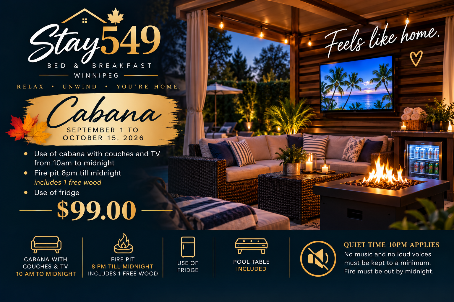 Stay549 Winnipeg cabana package with outdoor lounge and fire feature