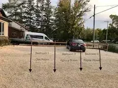 Gravel lot with van and cars; arrows label three parking areas and destinations.