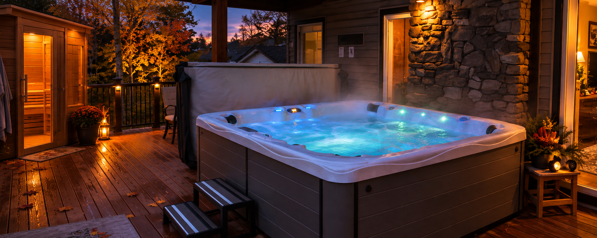 Stay549 outdoor hot tub beside the cedar sauna in autumn