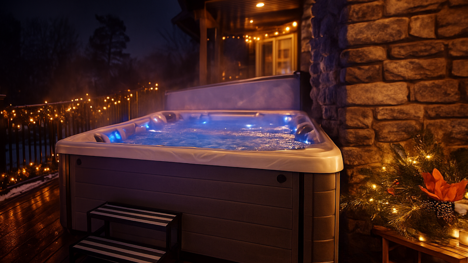 Stay549 outdoor hot tub illuminated beside the house in winter