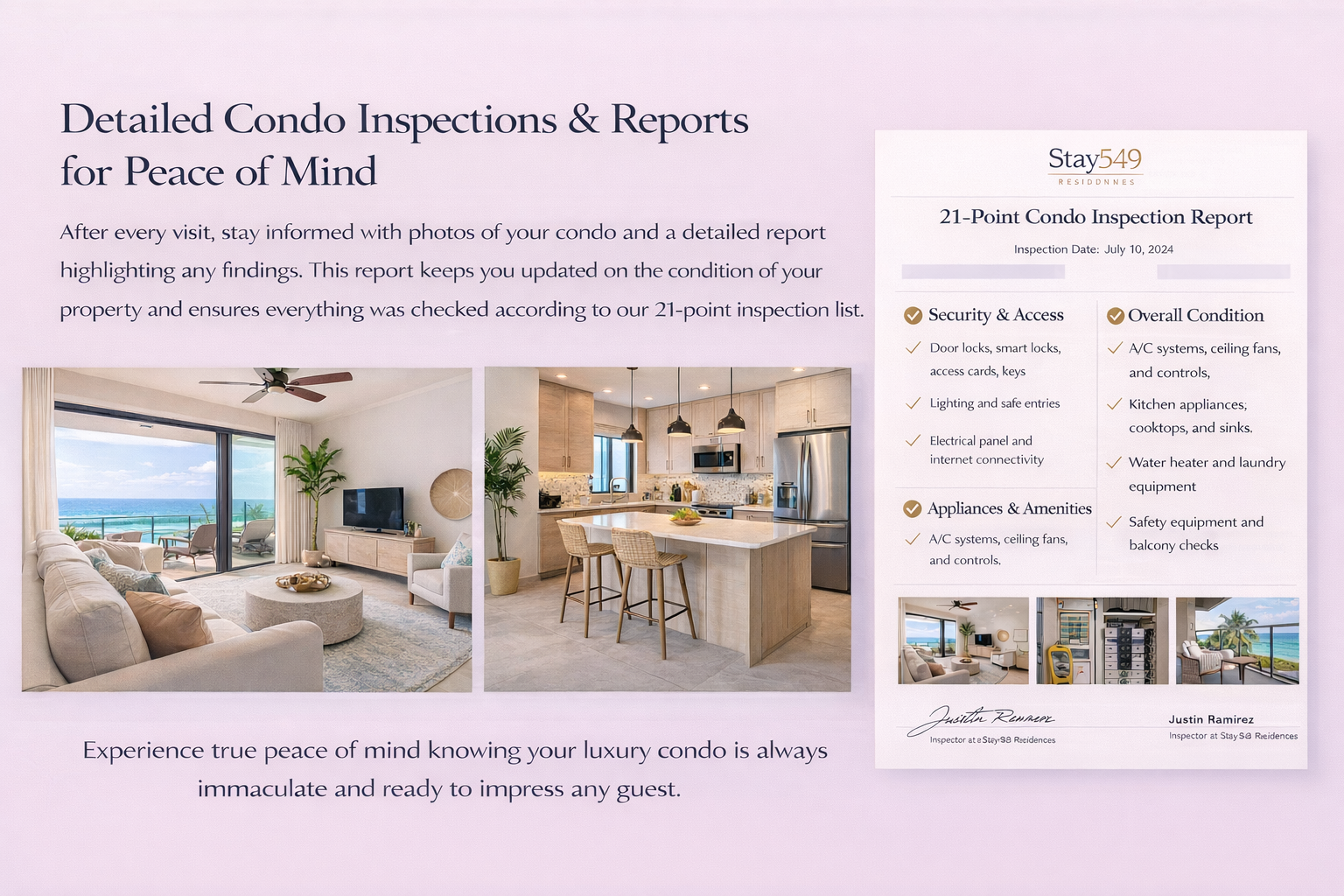 Condos inspections and reports ad with living room, kitchen photos and pricing details