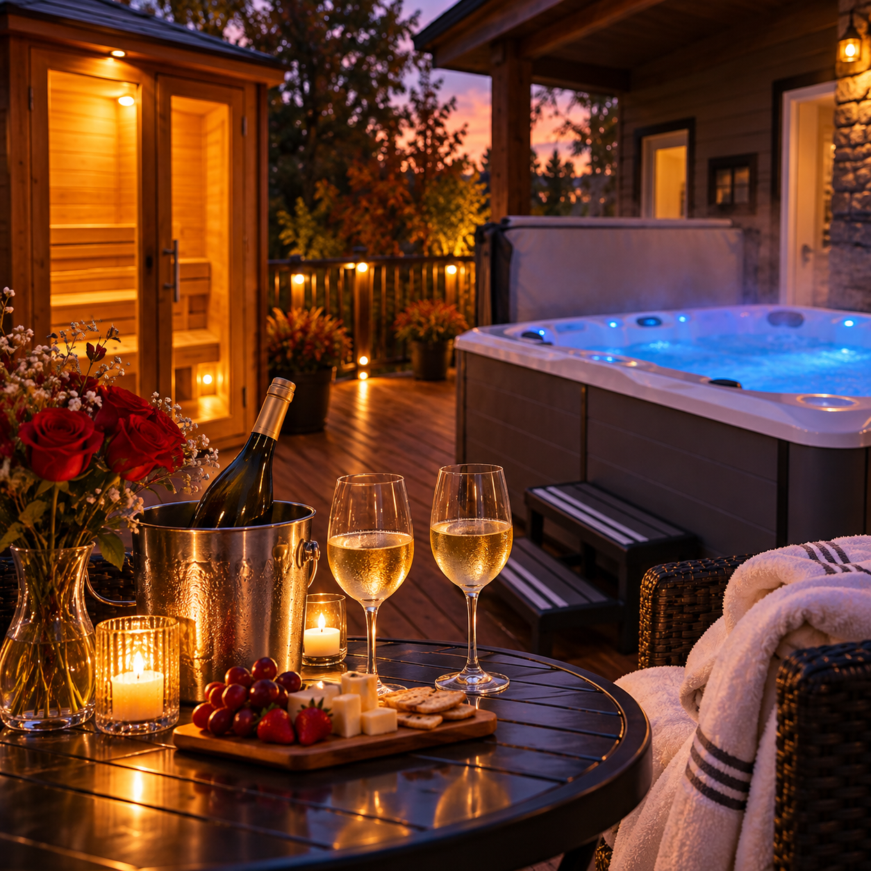 Bonfire Summer Nights stay549 promo with two people by a fire under string lights in a forest setting