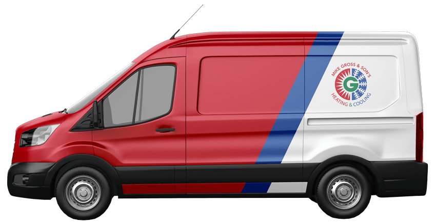 Red and white van with blue stripe, logo on side.