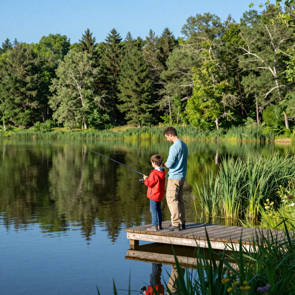 An adult and a child in a red jacket fish from a wooden dock on a calm lake surrounded by a lush green forest.