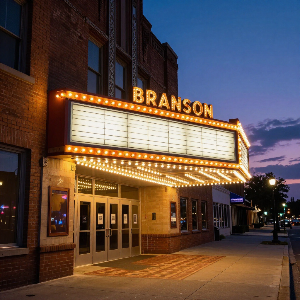 The historic Branson theater building with a lit marquee under a twilight sky.