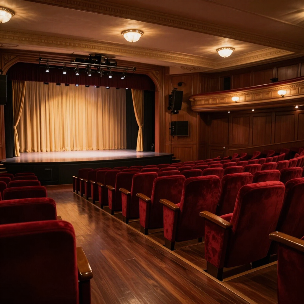 An empty theater auditorium with rows of red velvet seats facing a stage with closed golden curtains and warm lighting.